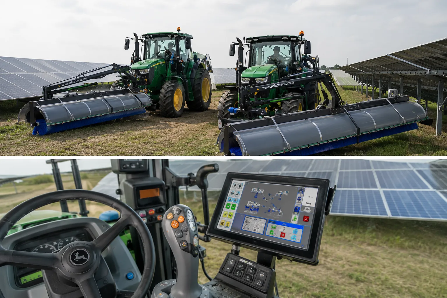Tractor cabinado con brazo hidráulico de limpieza en faena solar
