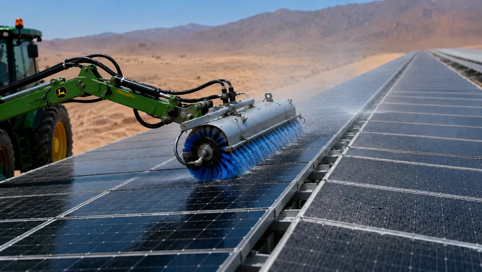 Rodillo de limpieza mecanizada en panel solar
